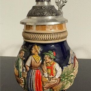 Vintage Colorful Ceramic Beer Stein with Pewter Lid